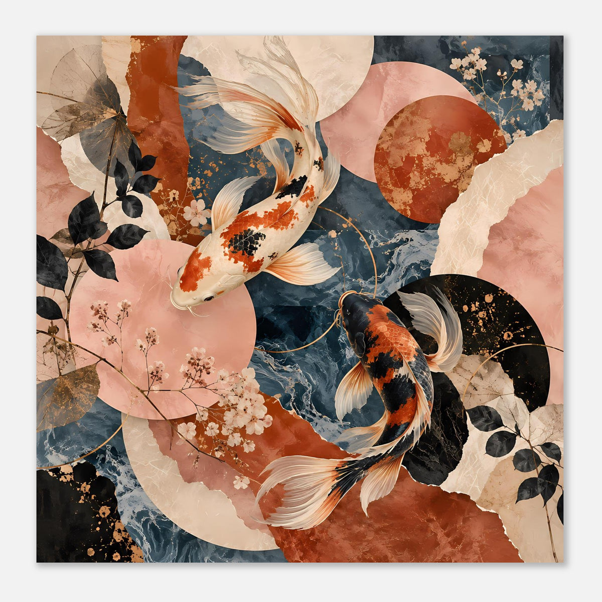 Wandposter mit Koi-Fischen im Terrakotta- und Dunkelblau-Design, nahansicht