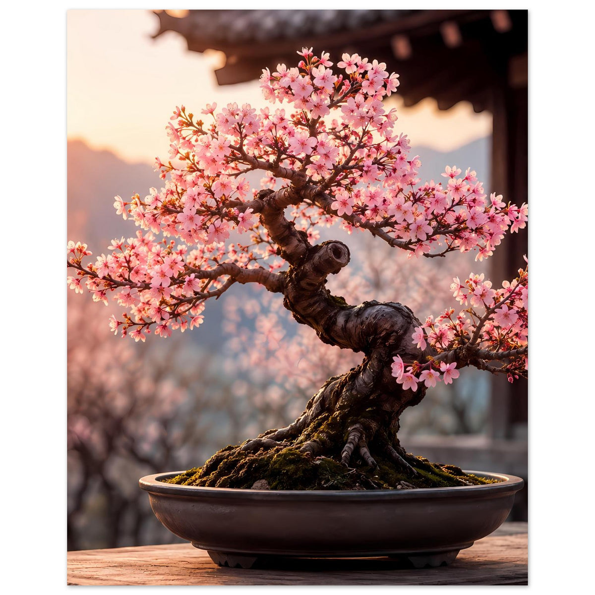 Poster mit Bonsai und rosa Blüten, dunkler Stamm, Schale sichtbar unten