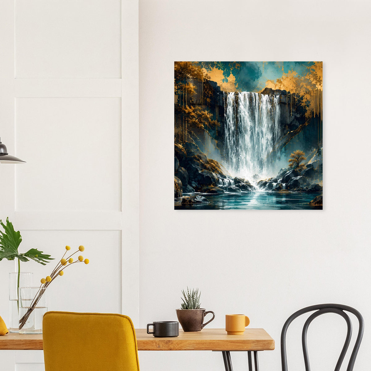 Wasserfall-Poster in türkis und Gold: Wasserfall über Felsen, umliegende Baumkronen