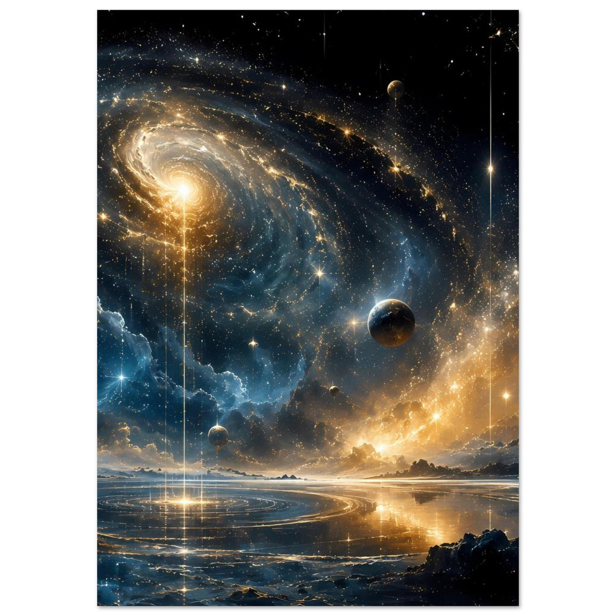 Vertikales Weltraum-Poster mit Spiralgalaxie, Planeten und Sternen, goldener Kern
