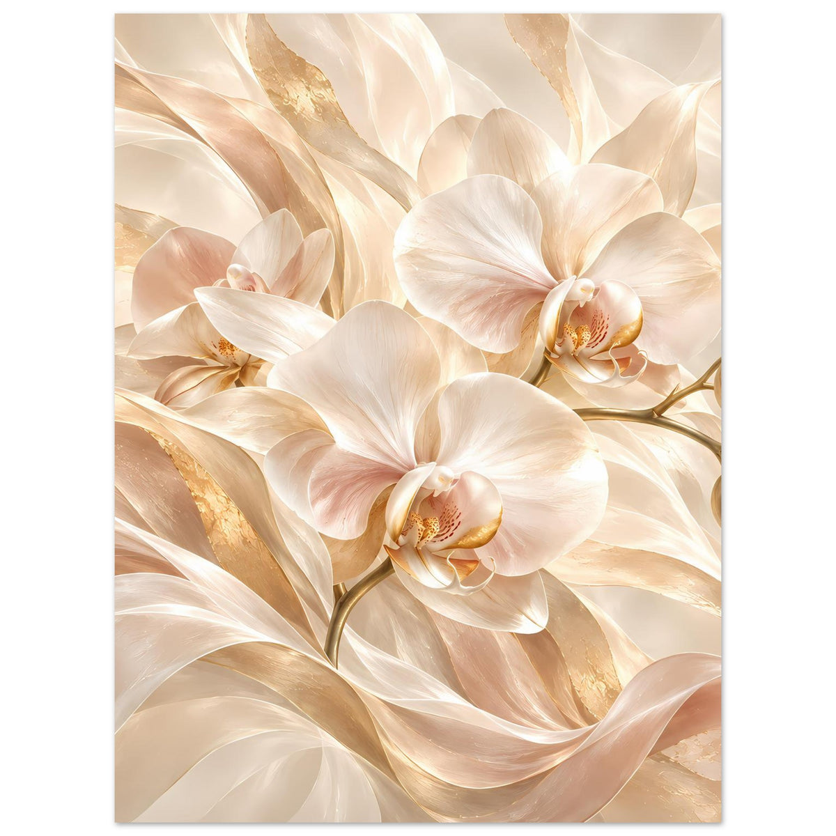 Orchideenposter im Hochformat mit drei weißen Orchideen, gold schimmernden Schleifen