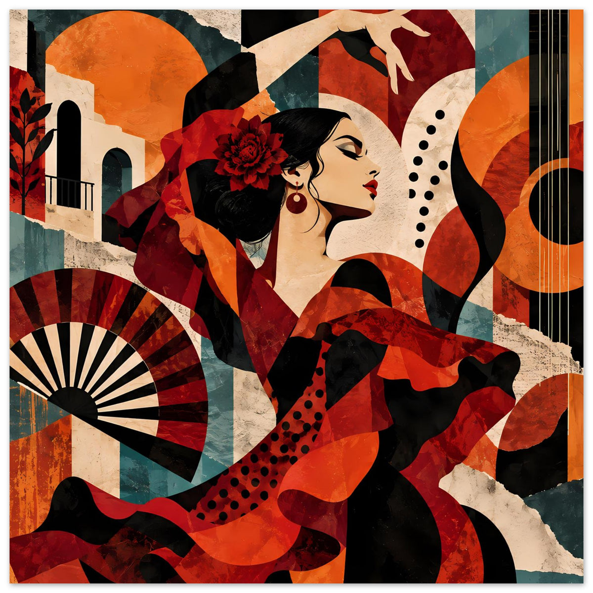 Tanzposter im Querformat: Flamenco-Tänzerin mit rotem Kleid, Fächer und abstrakten Formen