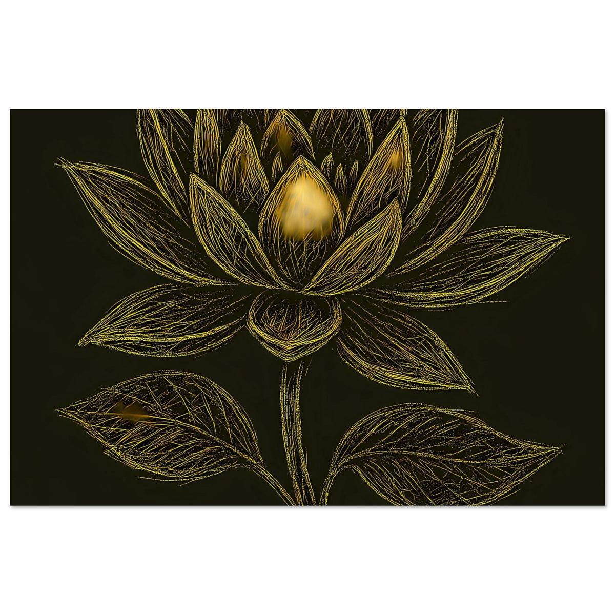 Horizontales Poster mit goldener Lotusblüte auf tiefschwarzem Grund