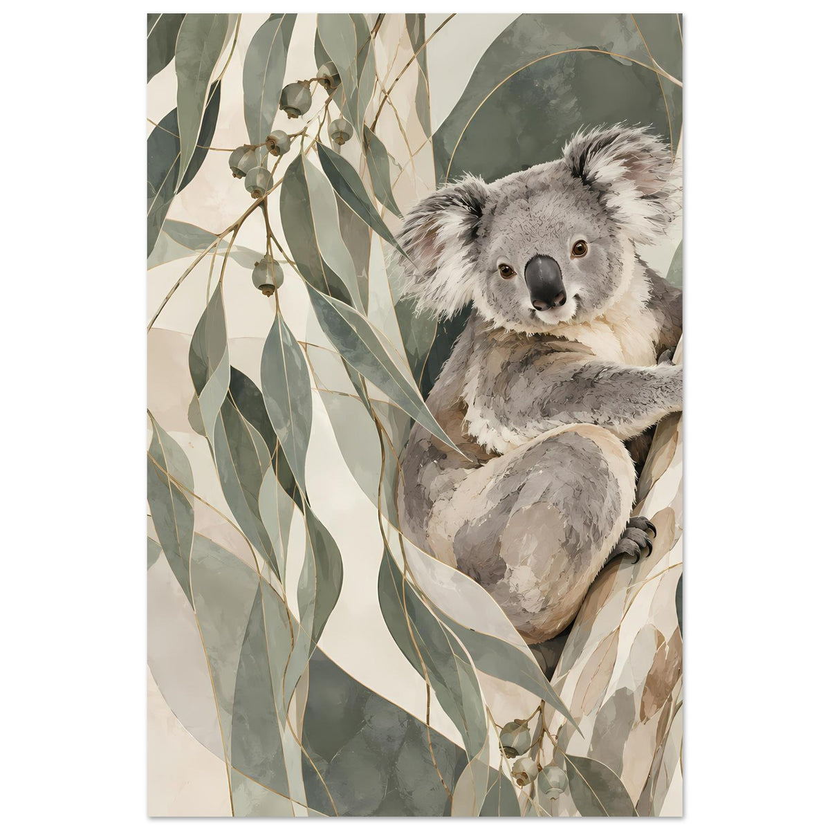 Koala-Tierposter im Hochformat mit Koala-Kopf und Vorderpfote, umgeben von Blättern
