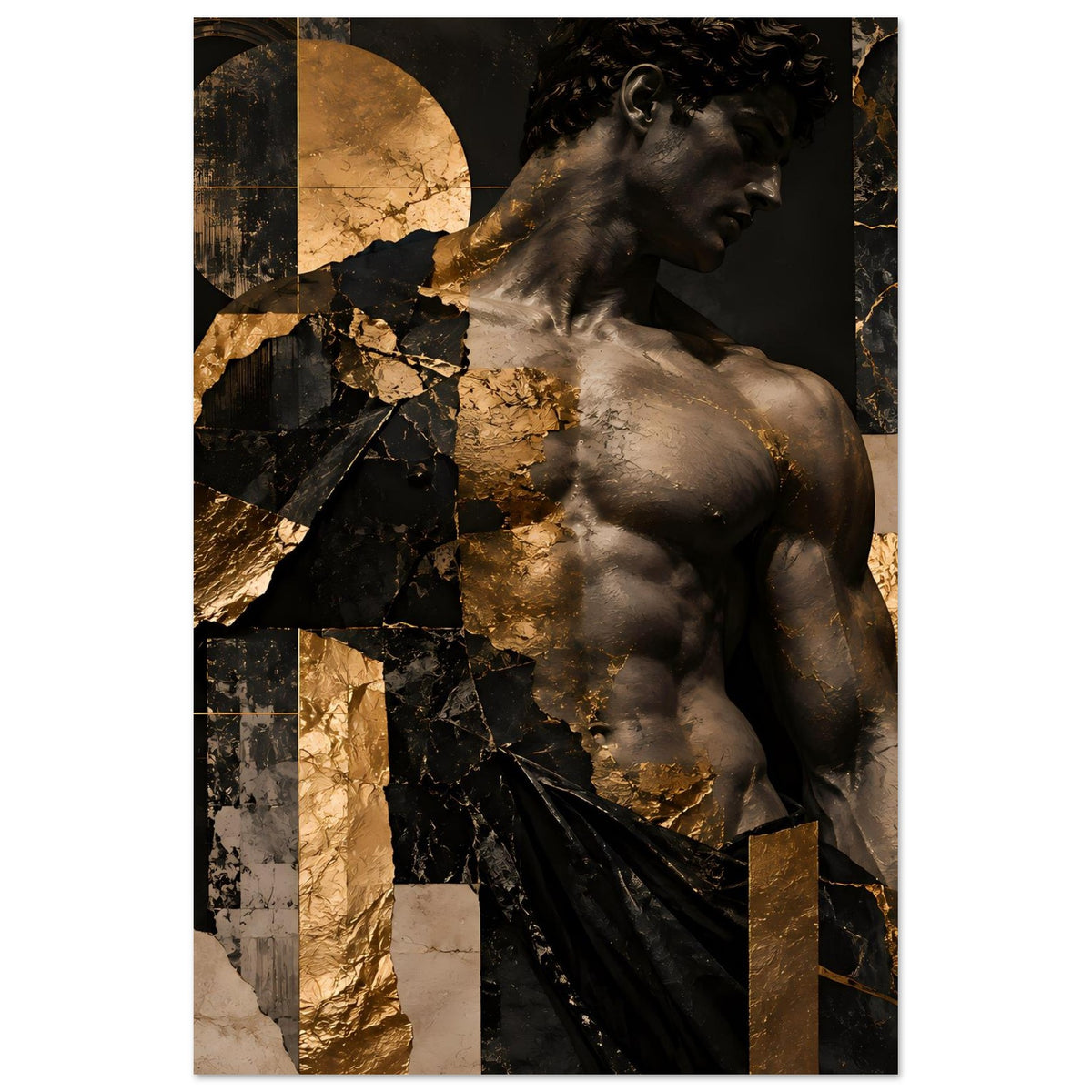Kunstposter mit Büste im Profil und schwarz-goldenen Fragmenten, abstrakte Kreise