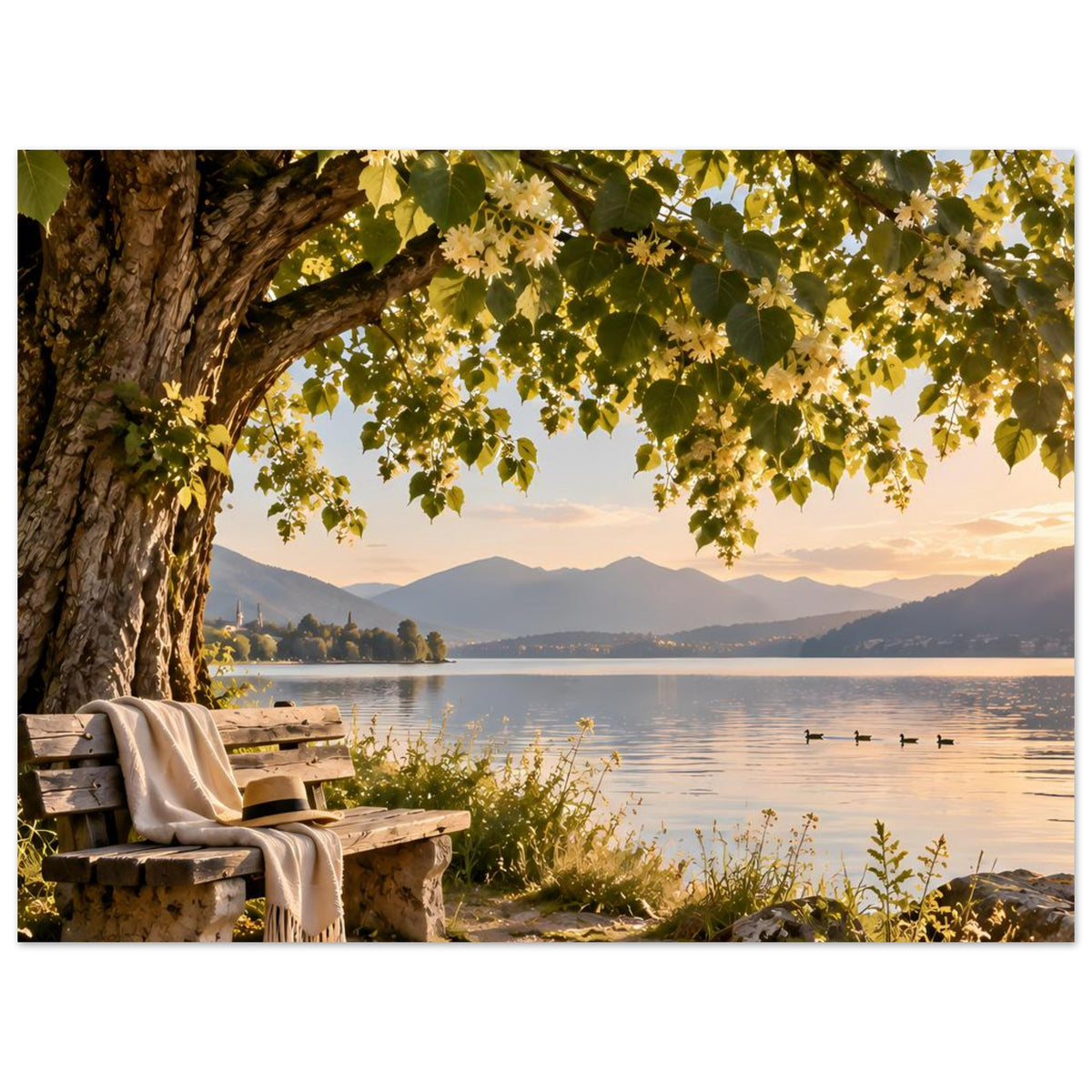 Poster im Querformat: Baumzweig über dem See, Uferbänke, Schilf und Felssteine
