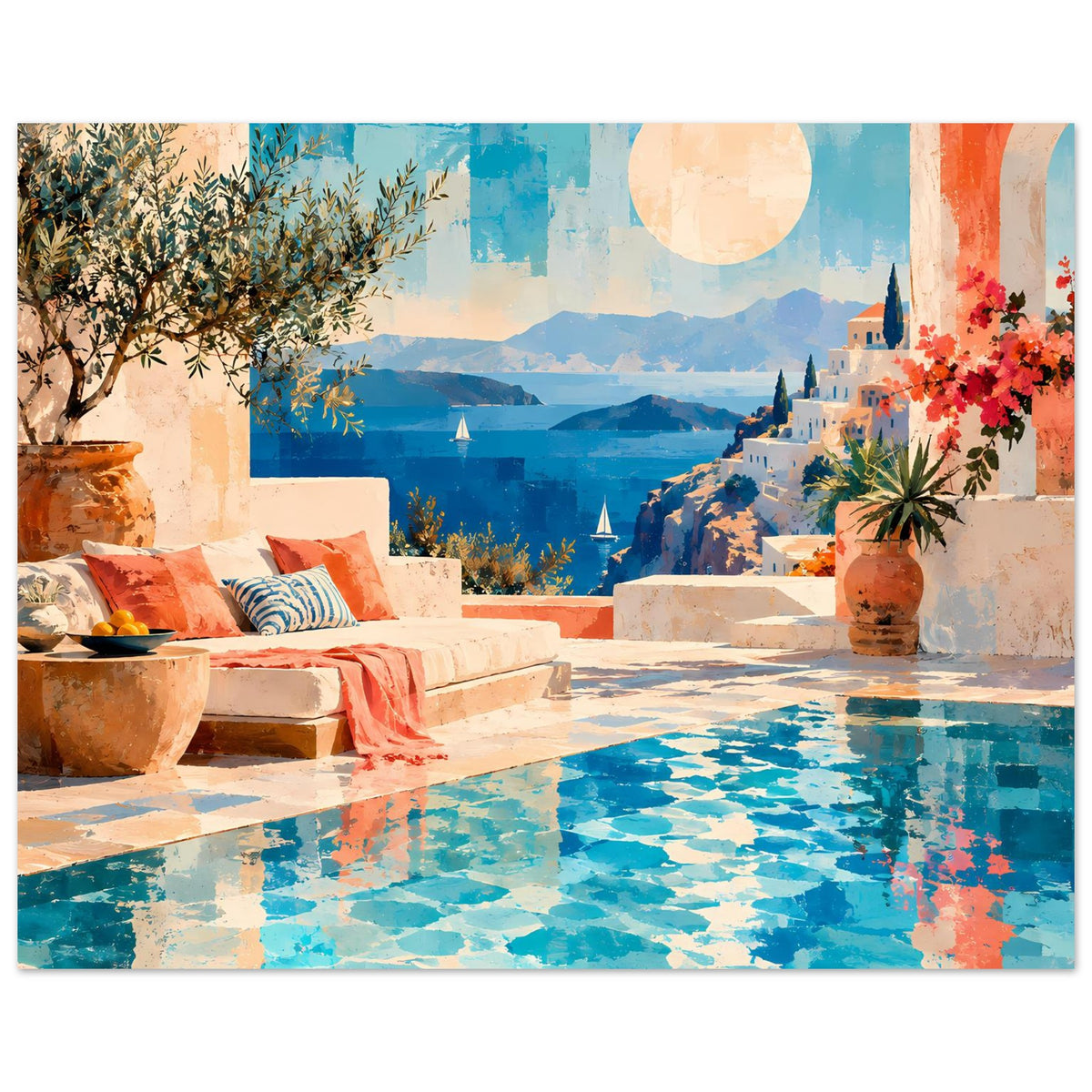 Poster mit Poolansicht und Terrasse: blaue Beckenfläche, weiße Mauern, Pflanzen