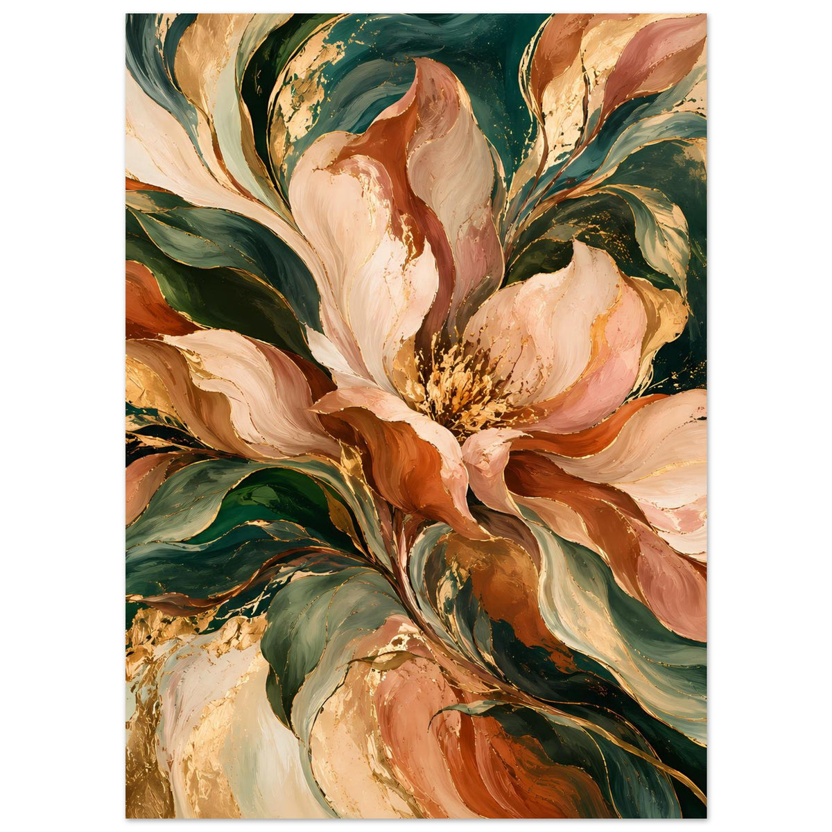 Blumenposter im Hochformat mit Pfingstrosen in Beige, Terrakotta und tiefem Grün