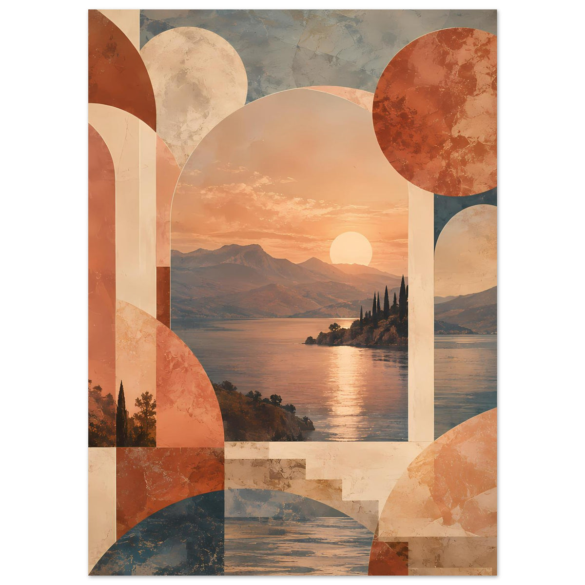 Abstraktes Poster im Hochformat: warmes Landschaftsbild mit geometrischen Kreis- und Rechteckflächen