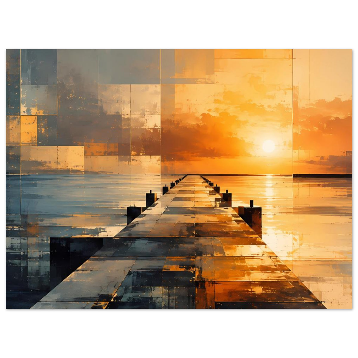 Abstraktes Poster mit Pier im Sonnenuntergang, geometrische Flächen in Blau-Grau und Orange