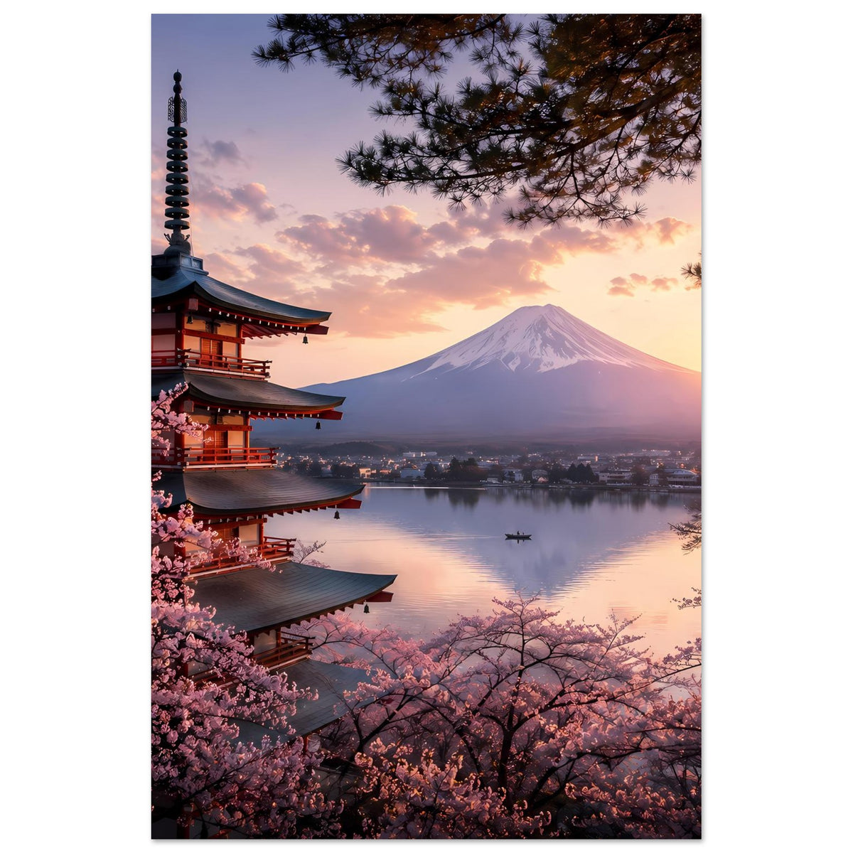 Wandposter im Hochformat mit Berg Fuji, Kirschblüten im Vordergrund und Pagode