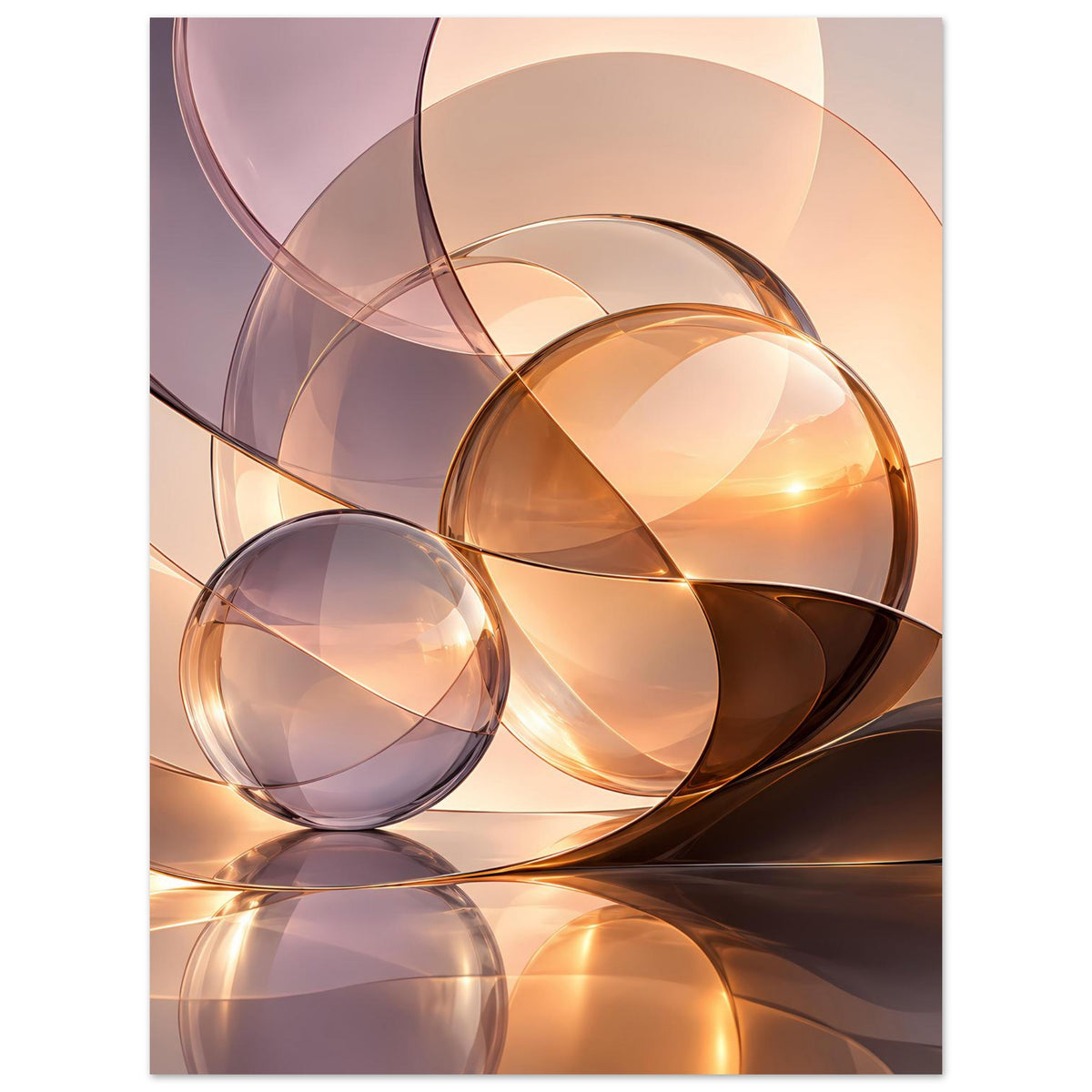 Abstrakter Posterprint mit Glas-Sphären und Reflexionen in warmen Farbtönen