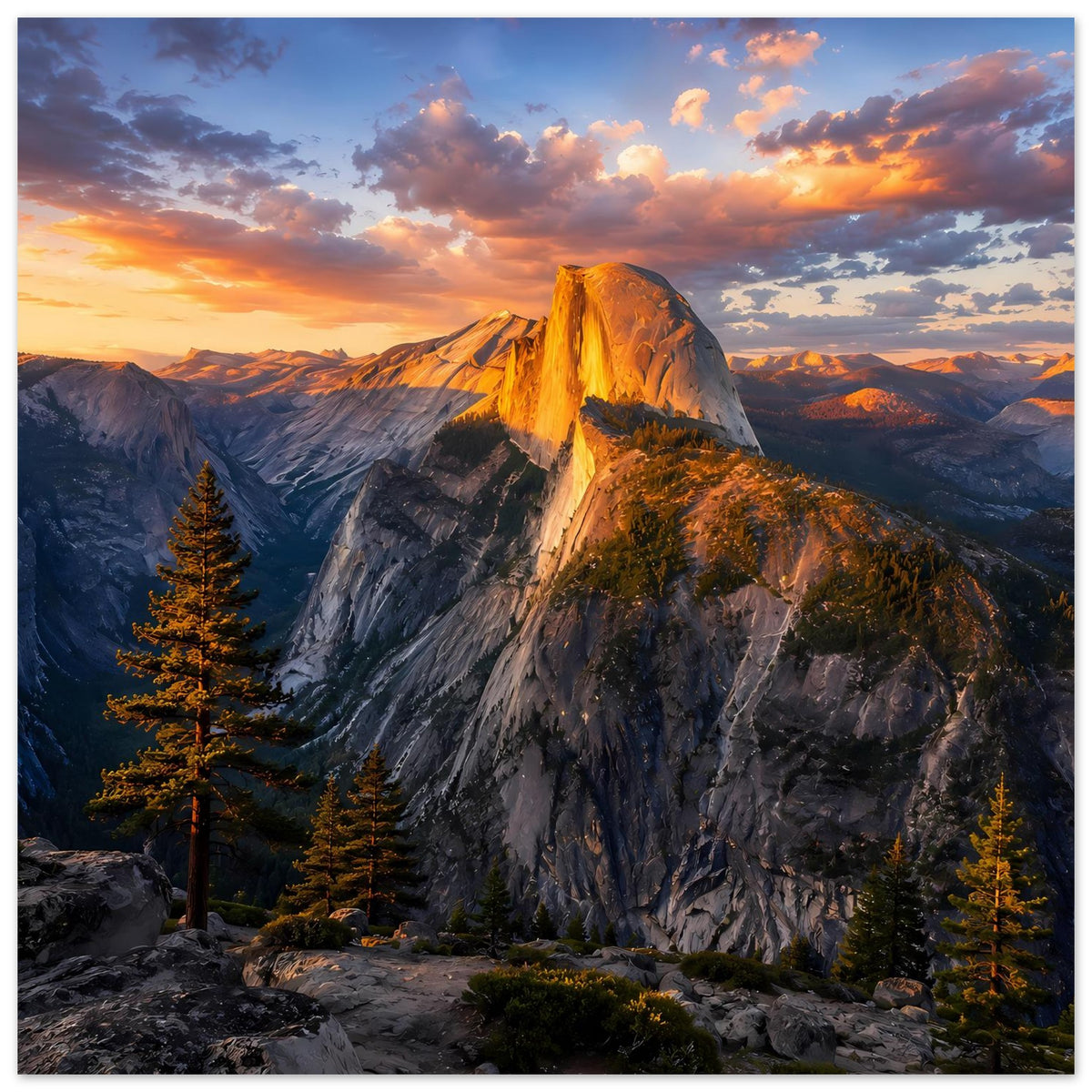 Wandposter im Hochformat: Sonnenuntergang an der Bergwand mit Nadelbäumen und Pfad