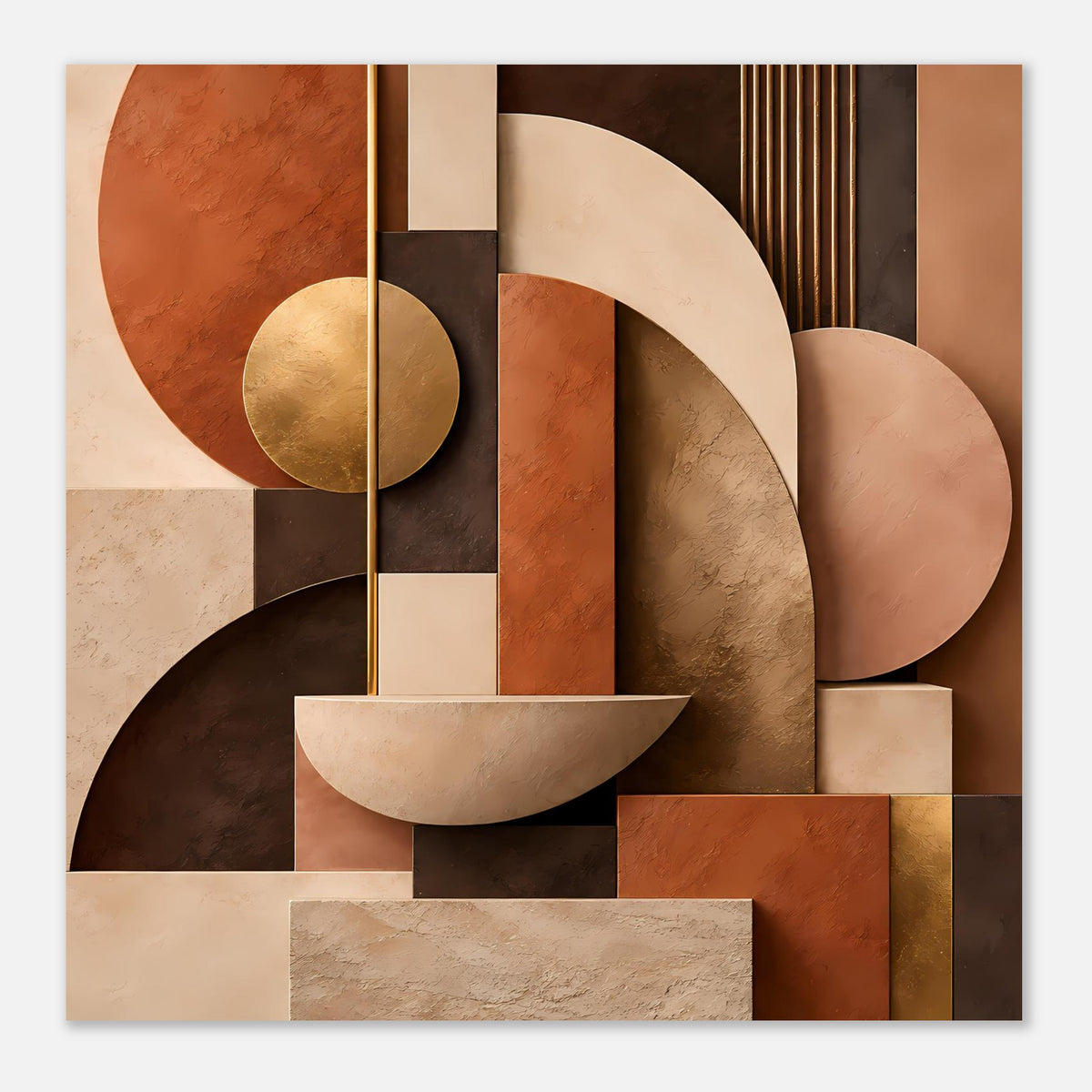 Kunstposter mit zentralem Halbmond, goldener Kreisfläche und Rechteckfeldern in Terrakotta-Beige