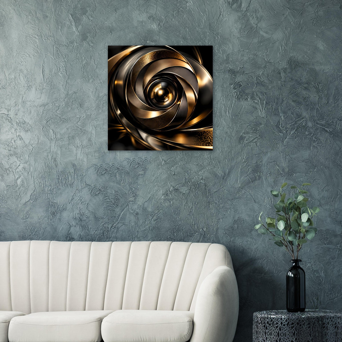 Abstraktes Poster mit goldener Rollspirale und dunklen Spiralringen auf Schwarz