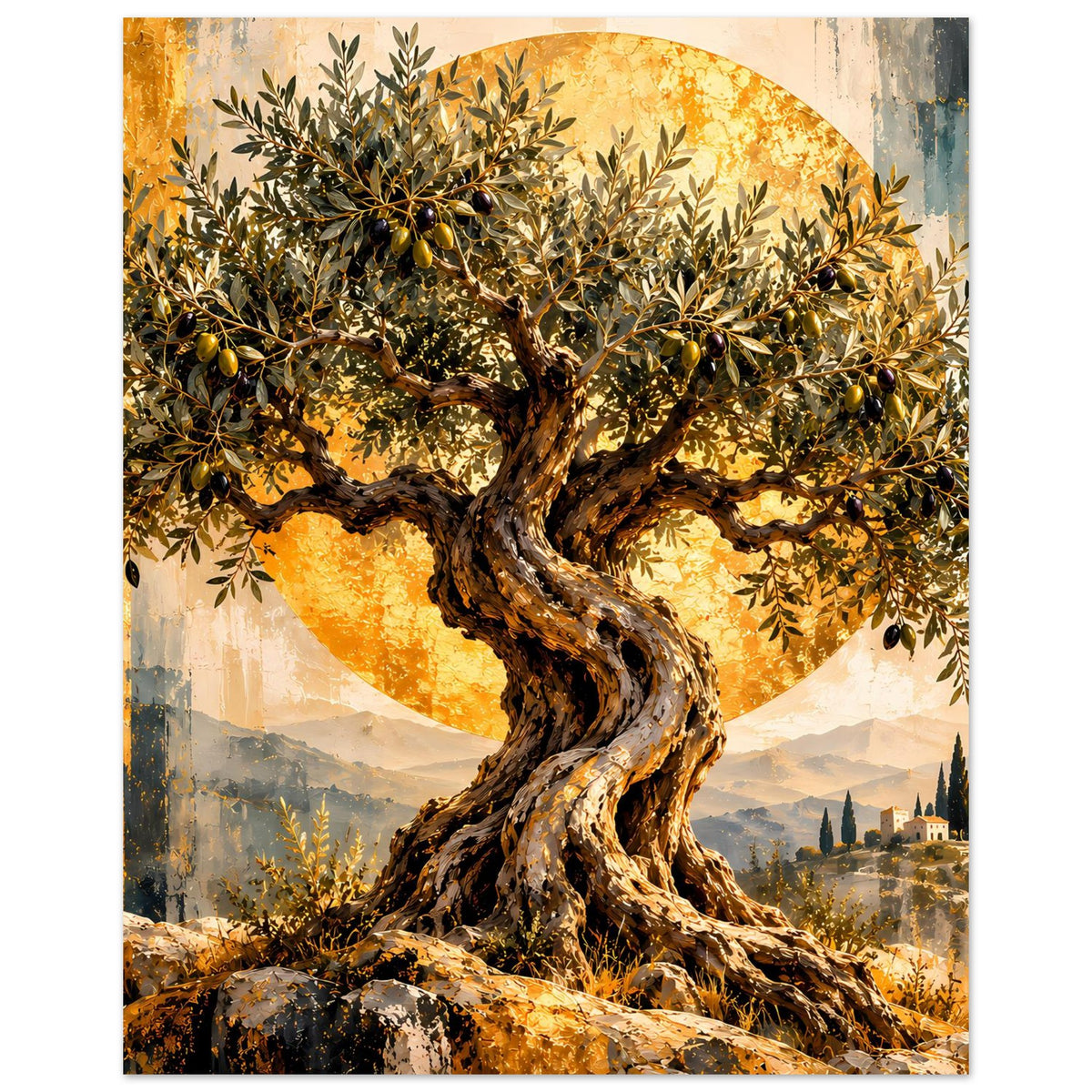 Poster mit goldenem Olivenbaum, verdrehter Stammform und Blätterkranz mit Oliven