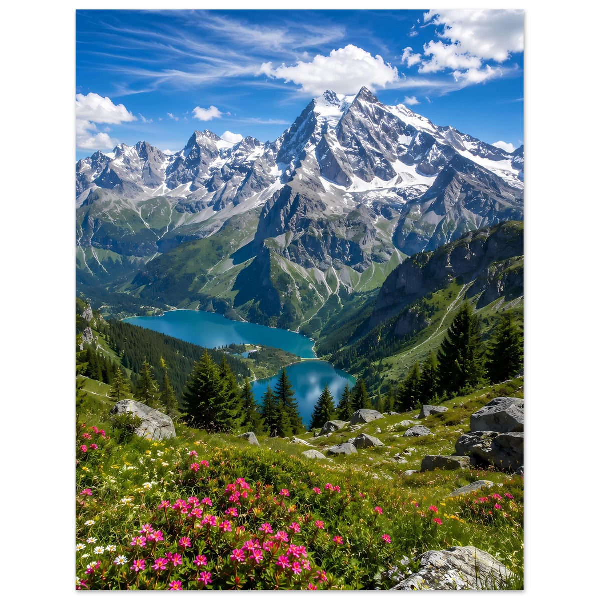 Alpenlandschafts-Poster: schneebedeckte Berge, weites Tal, Bergsee, Felsbrocken und Blumen