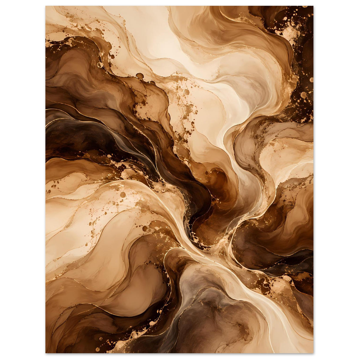 Abstraktes Poster im Hochformat mit cremigen Beigeflächen, dunklen Braunschichten und goldenen Spritzern