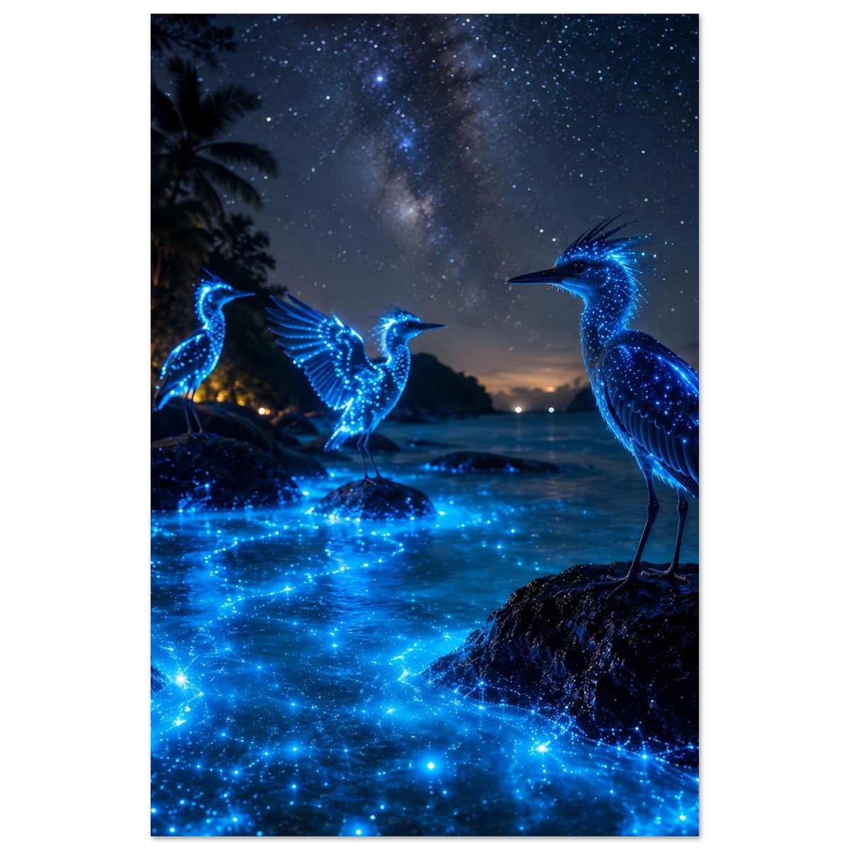 Poster mit drei leuchtenden blauen Nachtvögeln auf Felsen vor dunklem Sternenhimmel