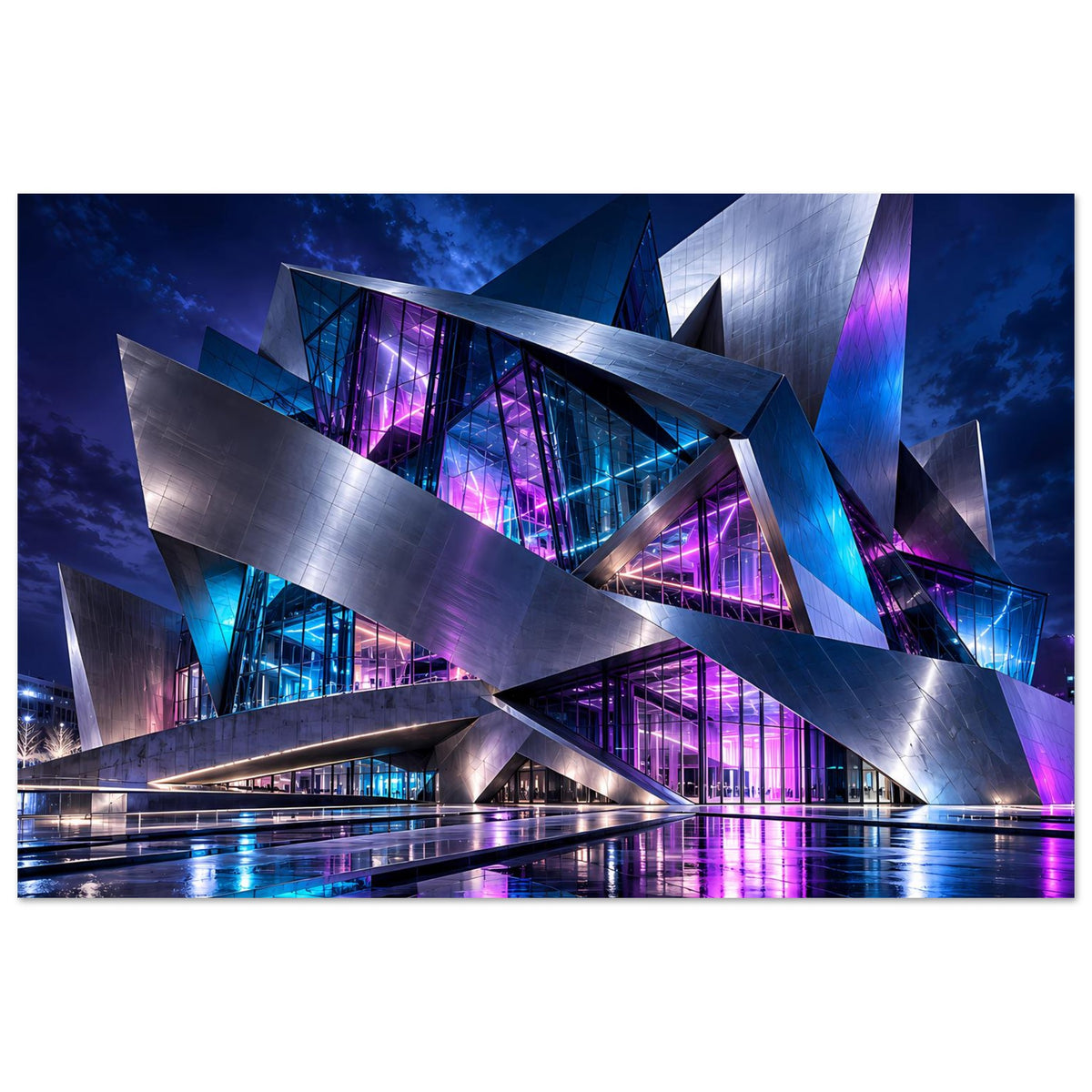 Futuristisches Architekturposter im Querformat: moderne Architektur mit Neonbeleuchtung in Blau und Lila