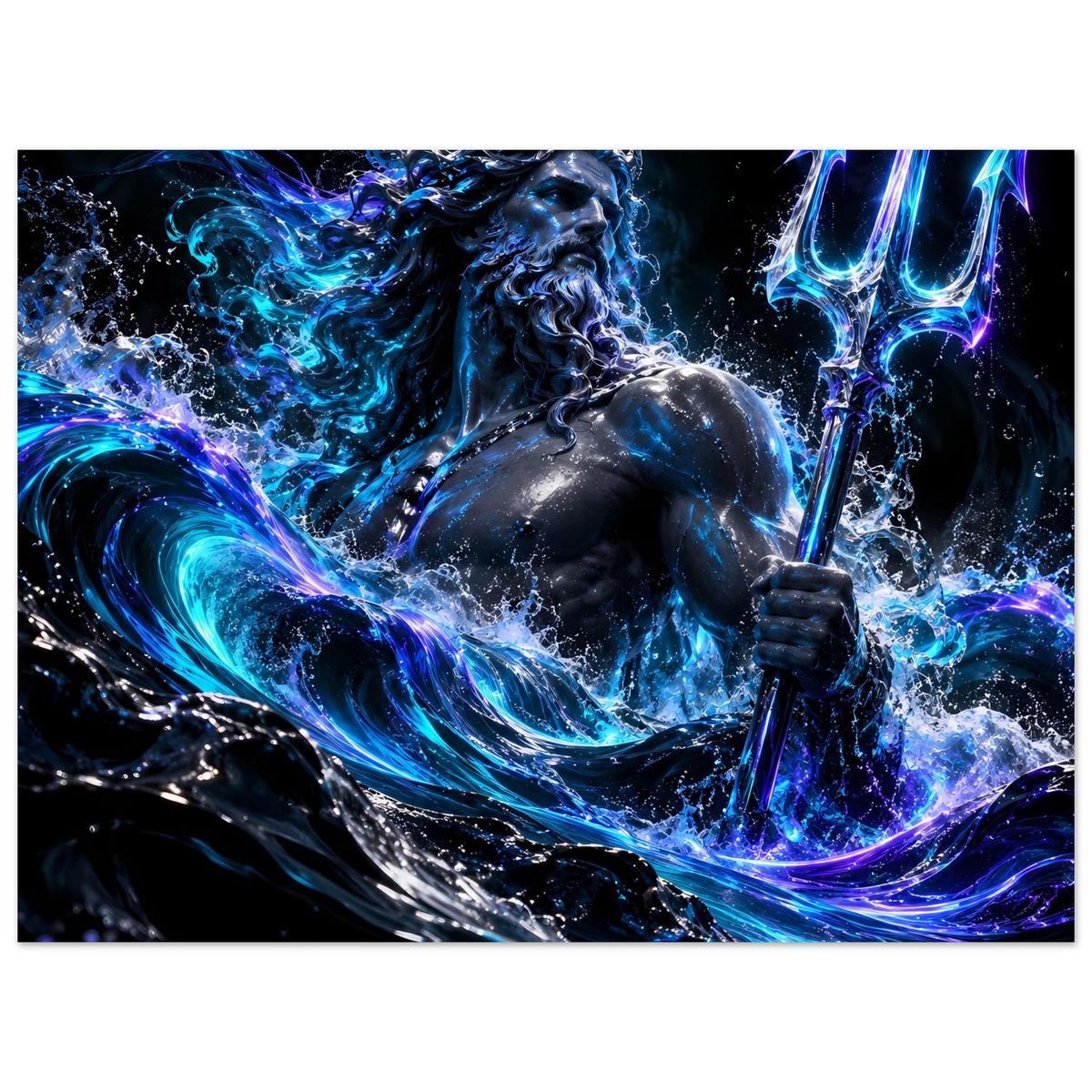Querformat-Poster mit Poseidon, schwarzer-blaue Meerwellen, leuchtende Energiestrahlen, Dreizack