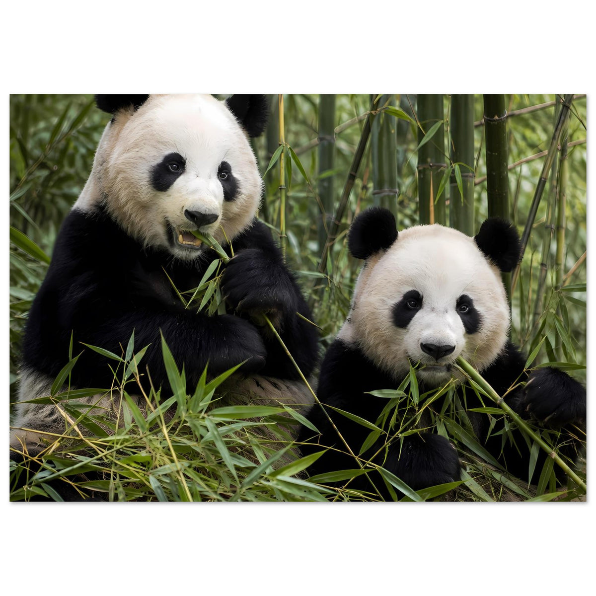 Poster im Hochformat: zwei Pandas schauen nach vorn, Bambusblätter im Vordergrund