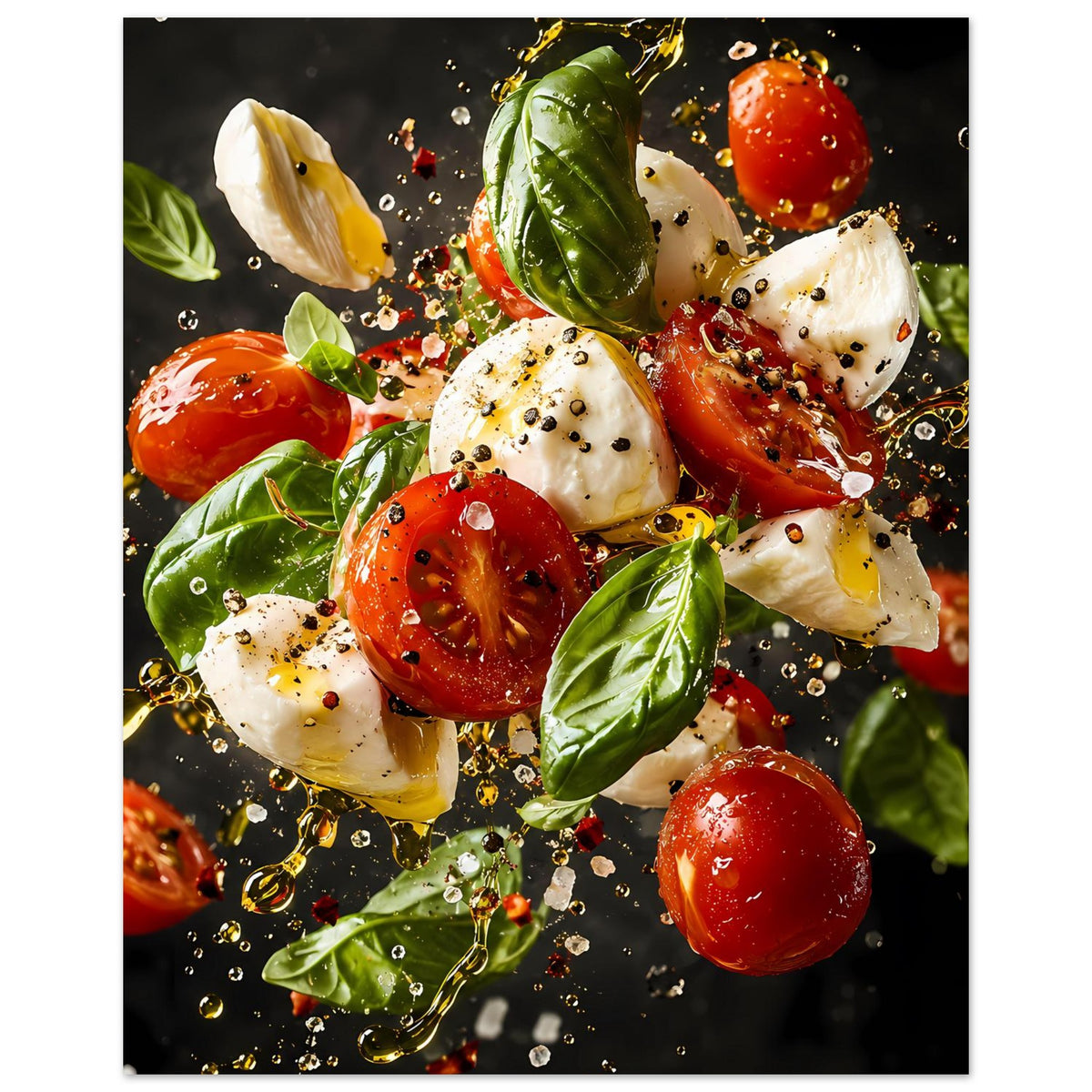 Caprese-Salat-Poster mit Tomaten, Mozzarella und Basilikum, kräftige Spritzer