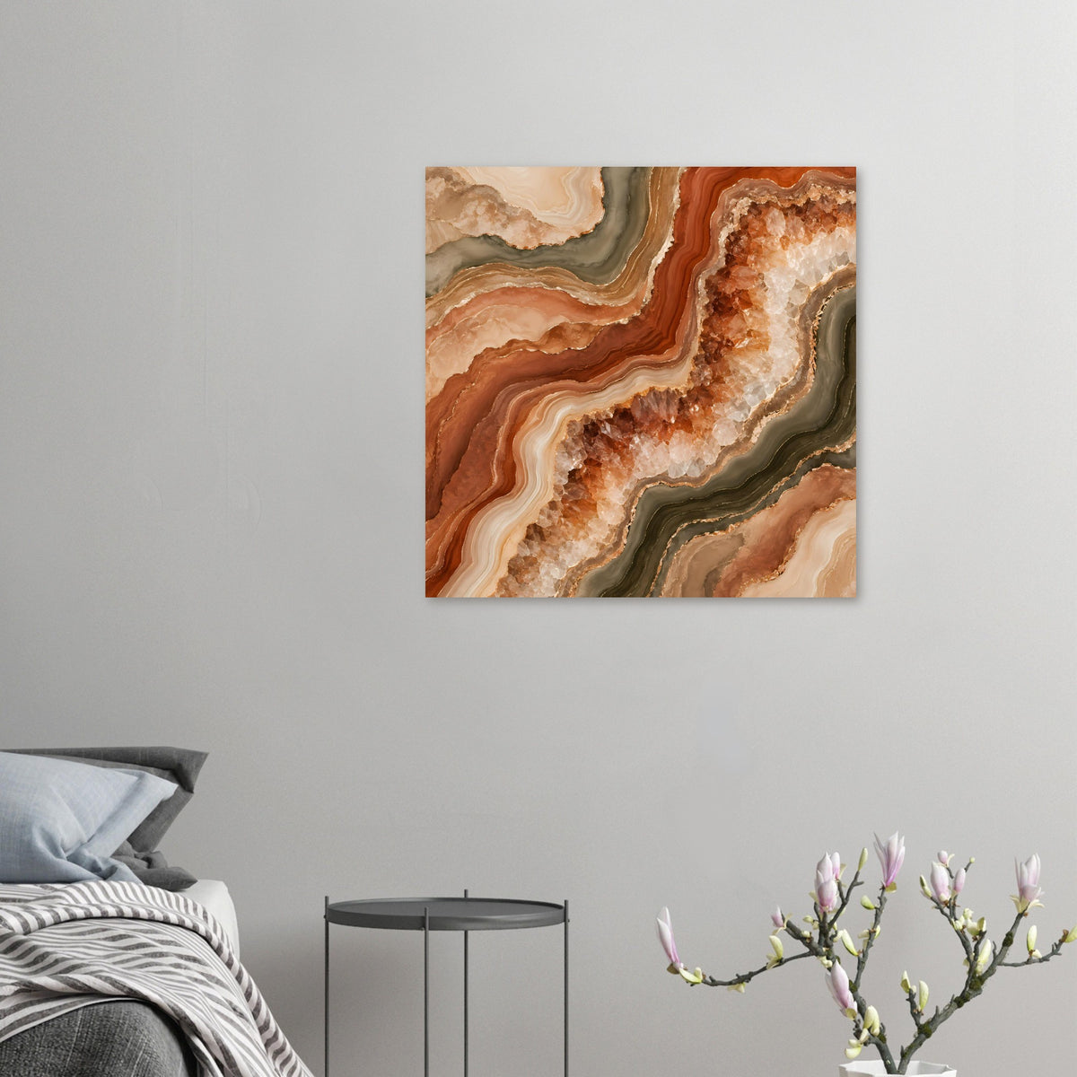 Kleines quadratisches Poster mit geodenartigem Braun-Beige-Muster und graugrünen Streifen