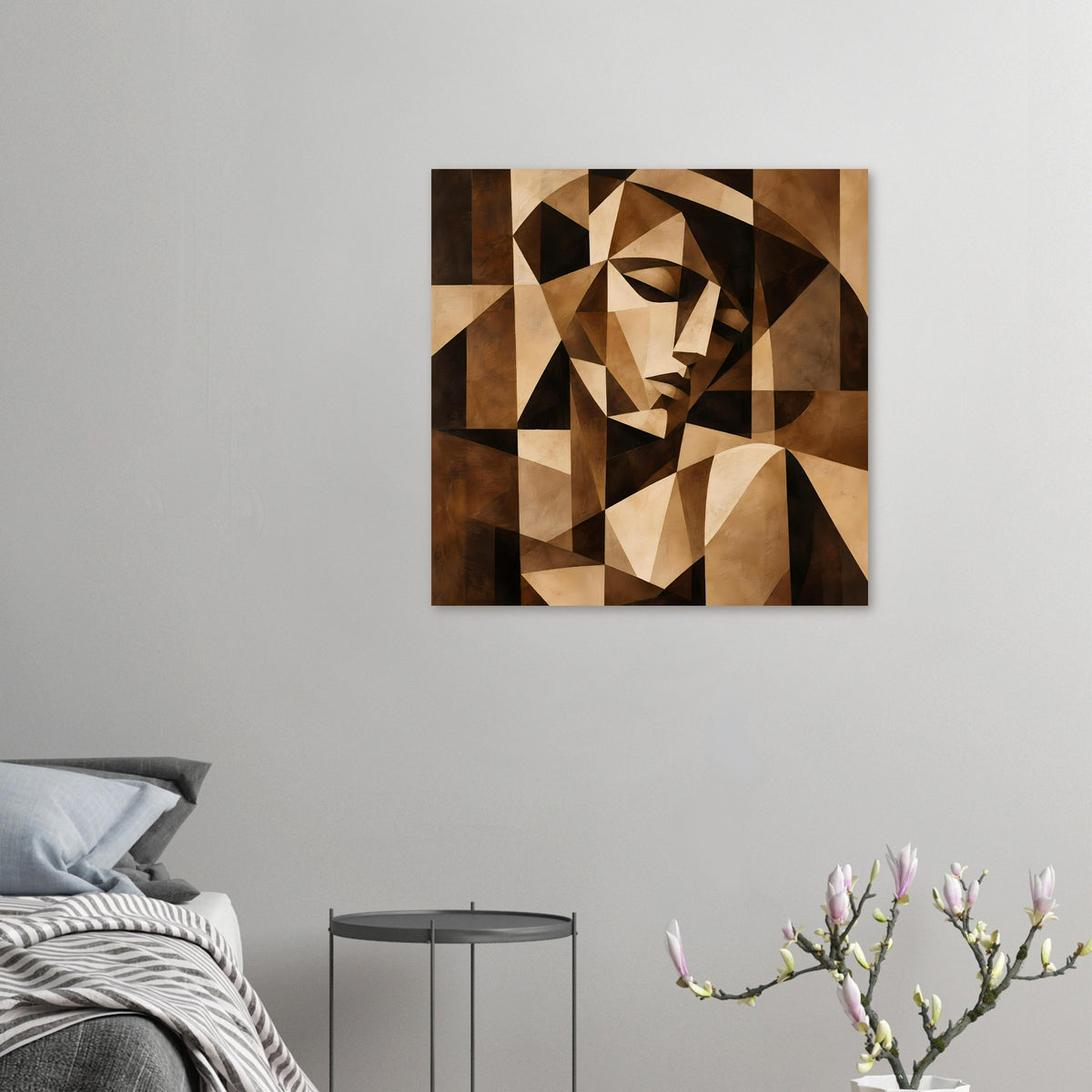 Kleines Kunstposter im Rahmen mit kubistischem Porträt in Braun, Beige und Schwarz