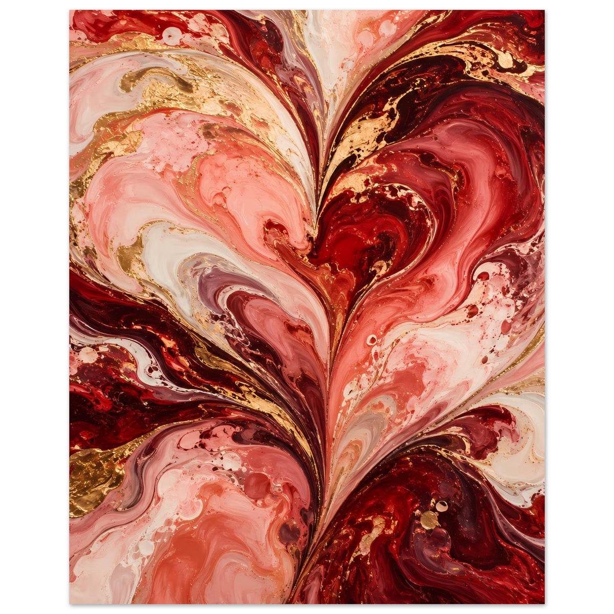 Liebesposter mit abstraktem Herz in Rot, Rosa und Gold, ausdrucksstarke Farbwirbel
