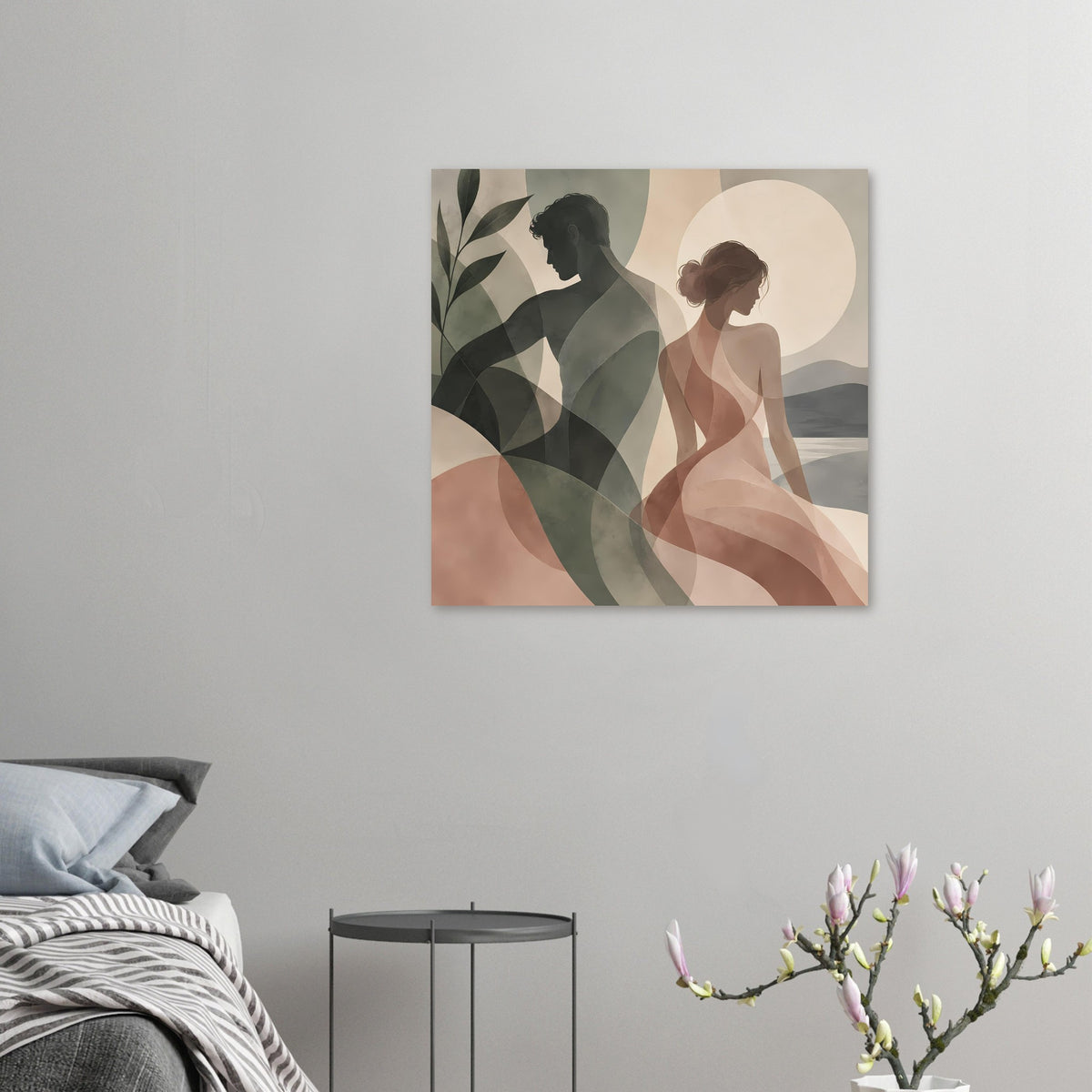 Kleines gerahmtes Poster mit Paar-Silhouetten in Beige, Grün und Rosatönen