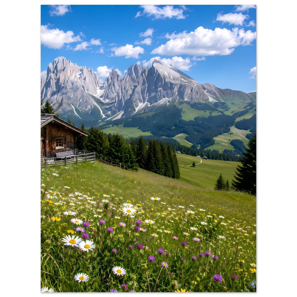 Alpenlandschafts-Poster mit Bergpanorama, blühender Wiese und Holzhütte
