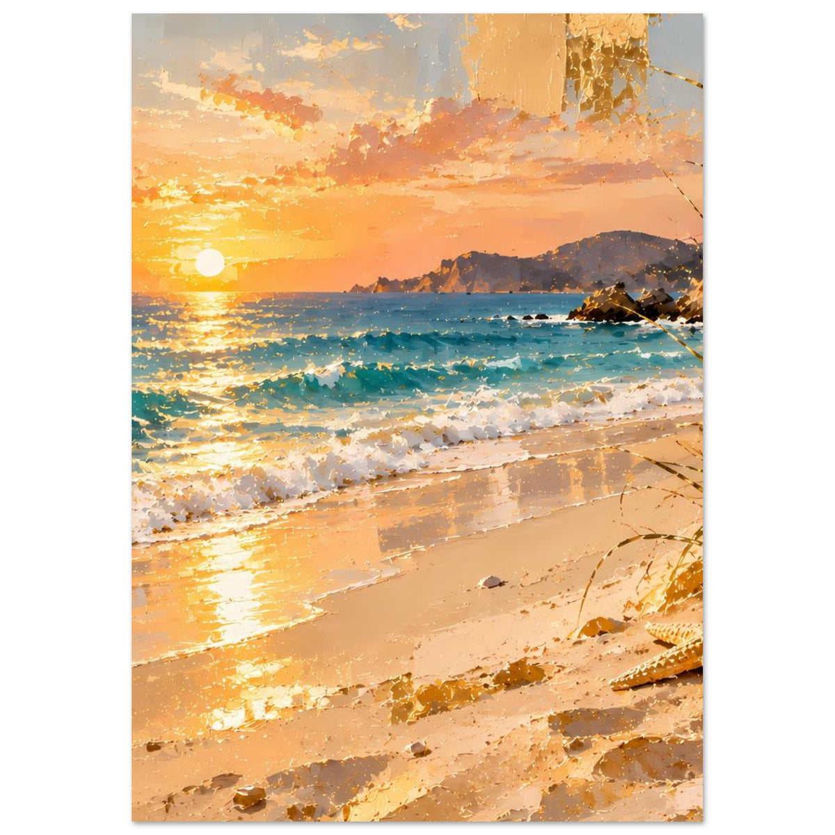Strand-Sonnenuntergang Poster: warmes Abendlicht, ruhige Bucht, Wellen am Ufer, Sand