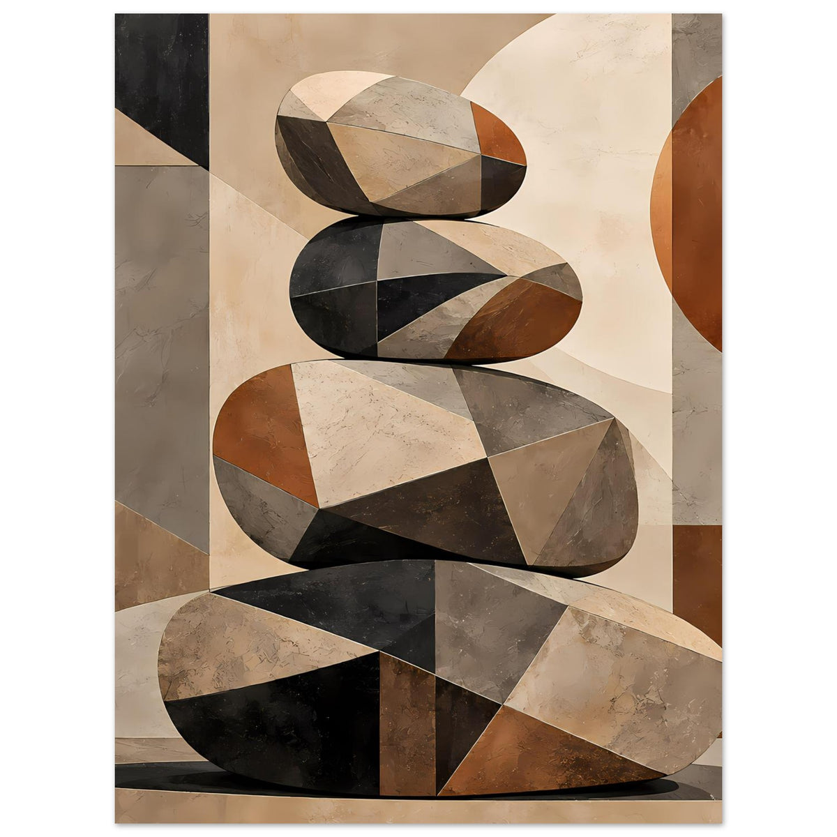Poster mit abstraktem Steinstapel, oval gestapelt, in Braun, Beige und Dunkelgrau.