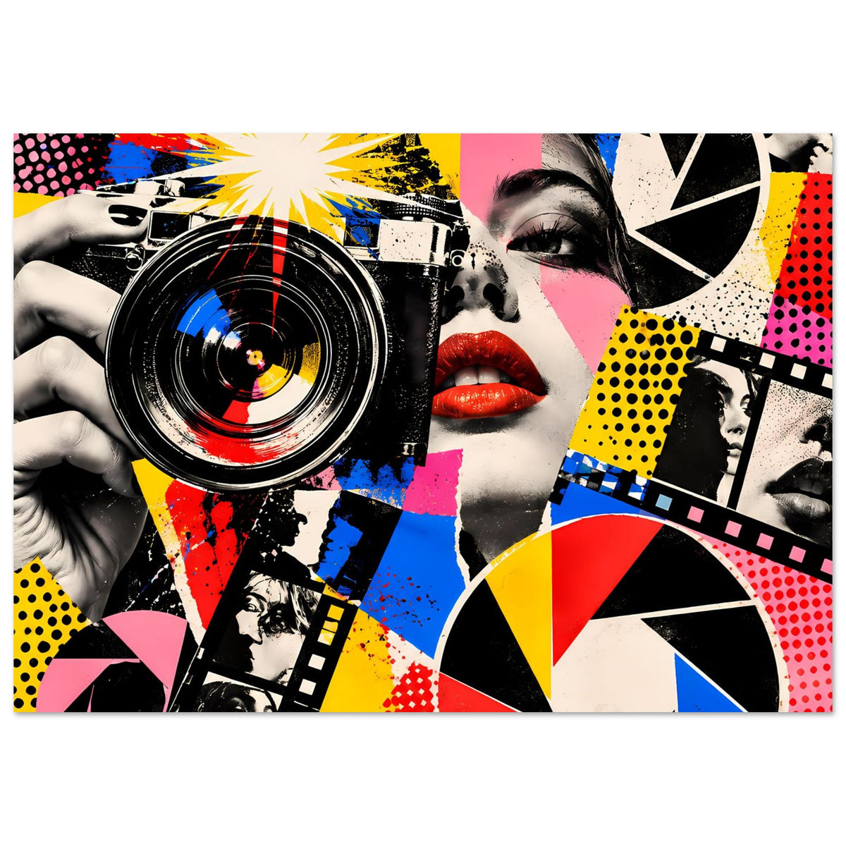 Pop-Art-Fotografie-Poster mit Kamera-Linse, Gesicht in Pop-Art und farbigen Spritzern