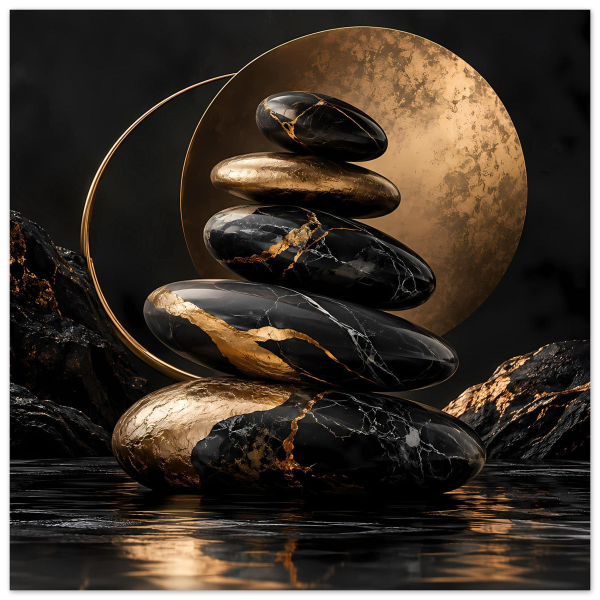 Poster mit Zen-Steinen in Schwarz und Gold, goldene runde Scheibe und Reflexionen unten