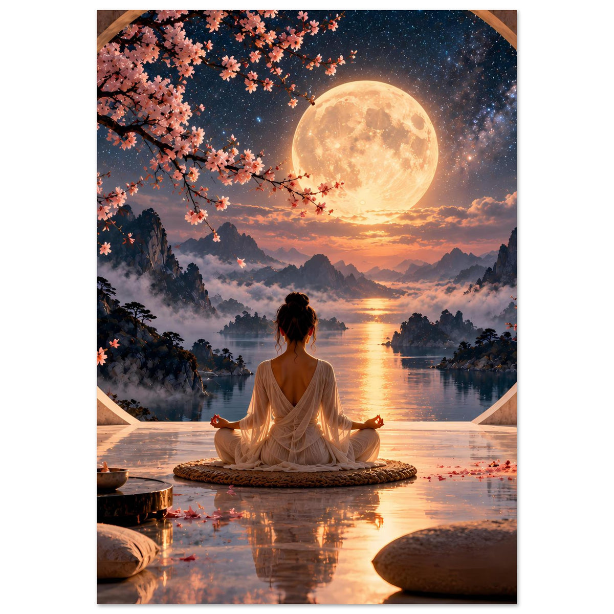 Meditationsposter mit Lotussitzender Person unter großem Vollmond und ruhigem Fluss