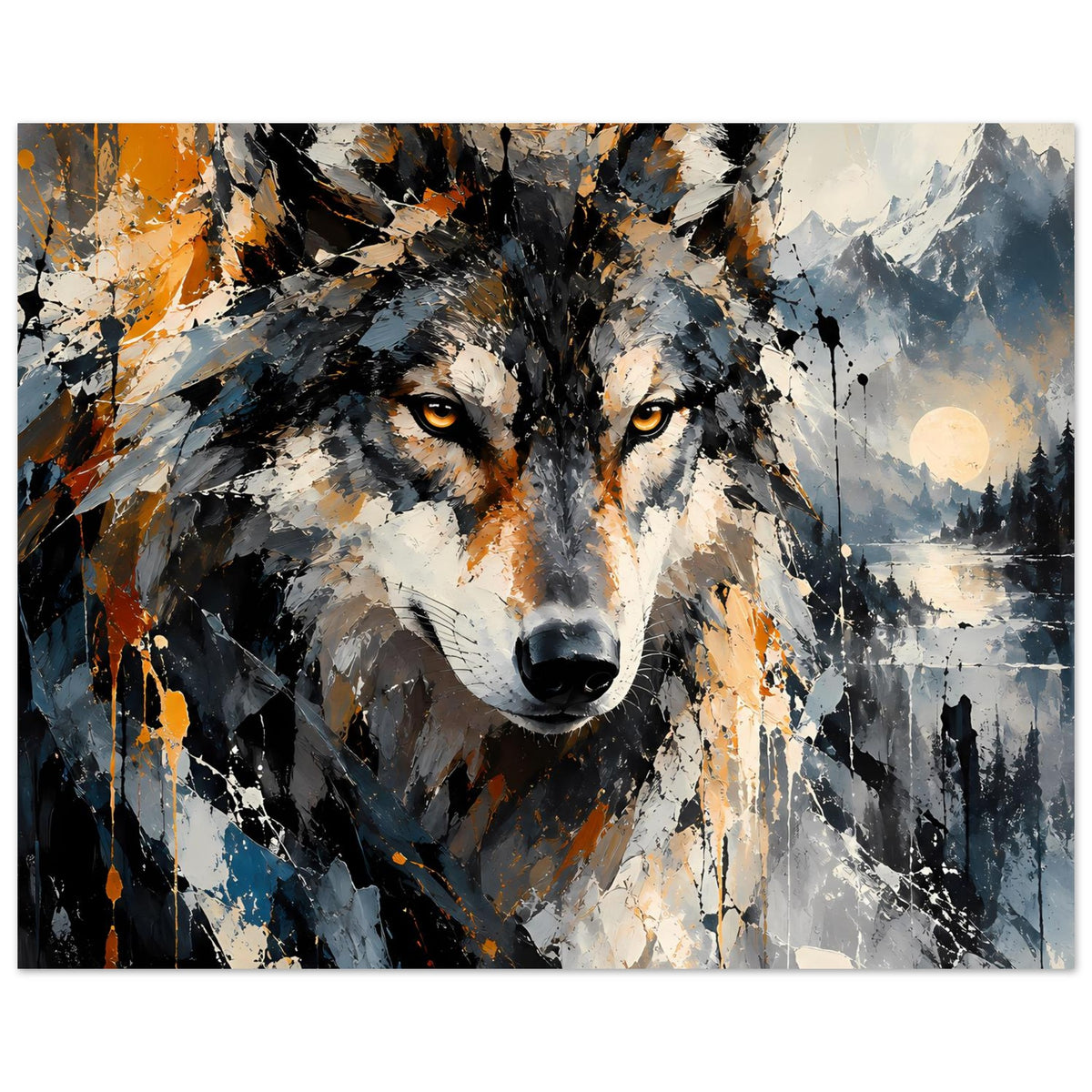 Abstraktes Wolf-Poster mit Kopf und winterlicher Szene, Mond, Grau-Schwarz und Orangefarben