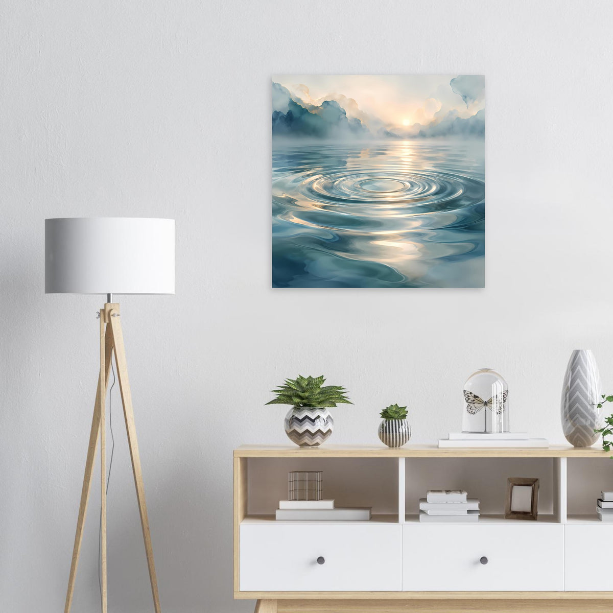 Quadratisches Poster mit Wasserwellen-Motiv in Blau und goldener Sonnenaufgangsstimmung