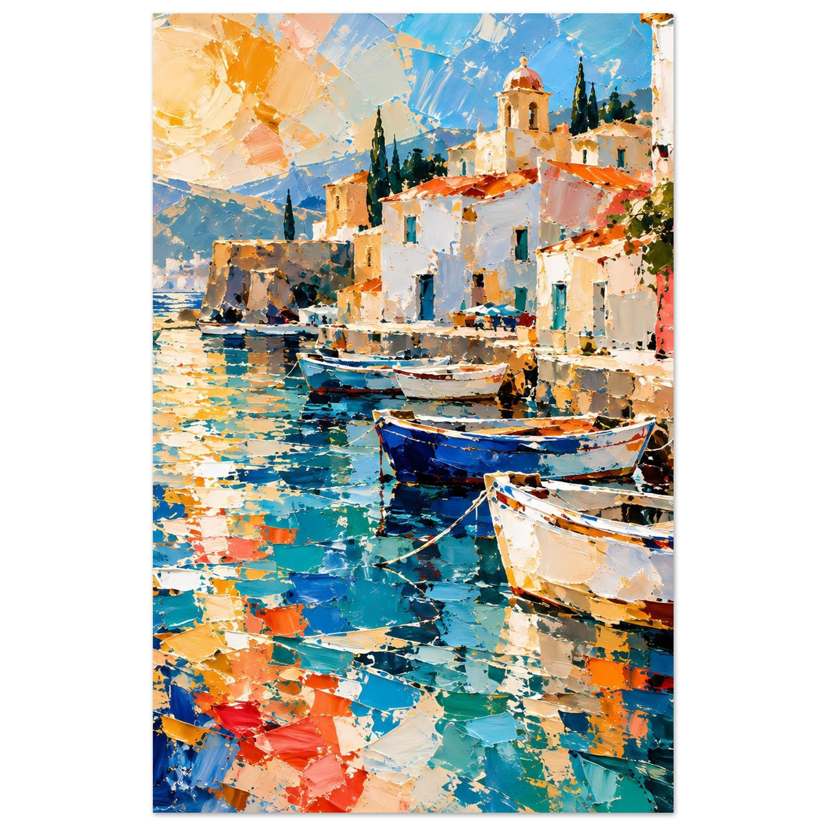 Bunte Fischerboote auf blauem Wasser im mediterranen Hafen – Posteransicht 5