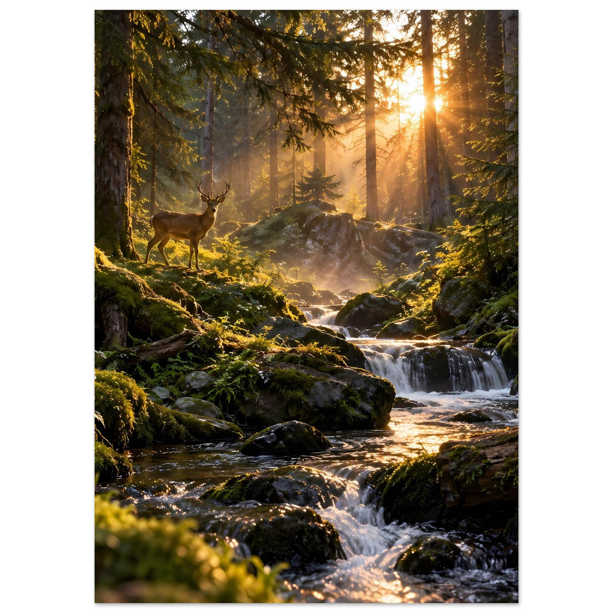 Wandposter mit Wald, Moosfelsen, Wasserlauf und Reh im Sonnenaufgang, Hochformat