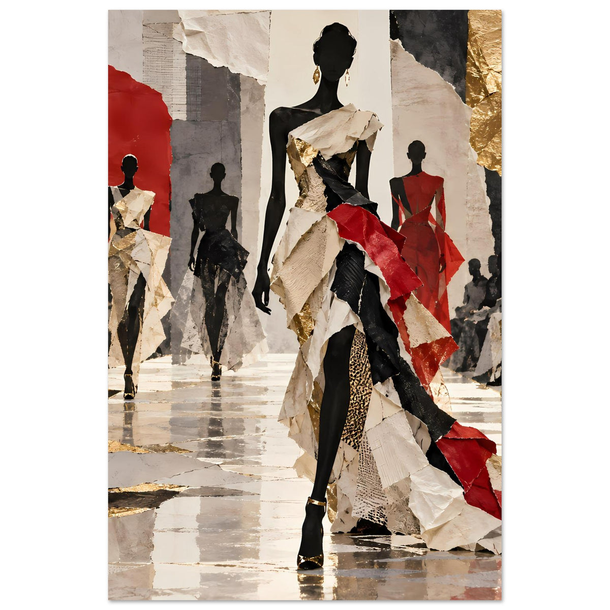 Fashion-Runway-Poster: zentrales schwarzes Model mit rotem Cape und goldener Kulisse