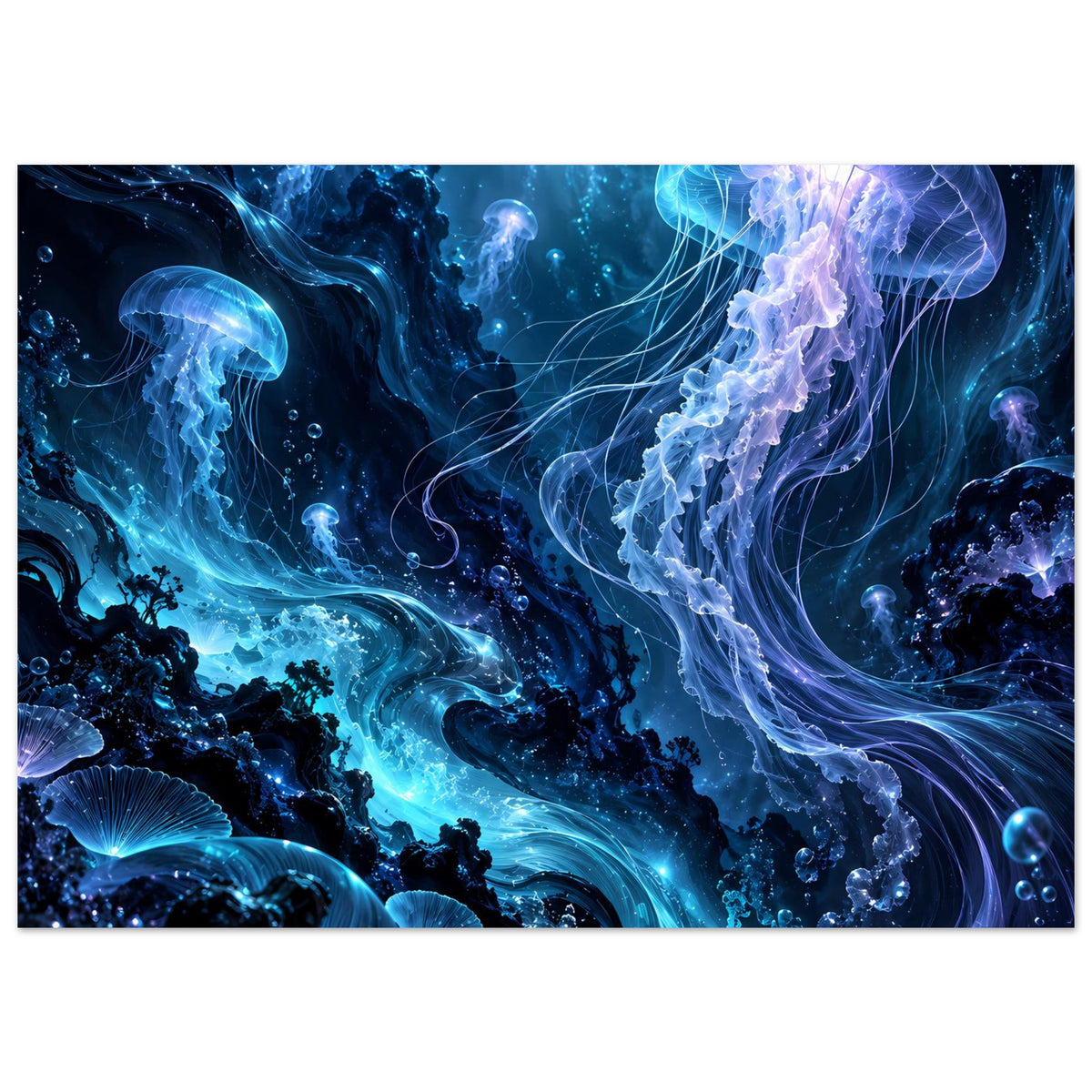 Unterwasser-Poster, horizontal: leuchtende Quallen in tiefem Blau mit violetten Akzenten
