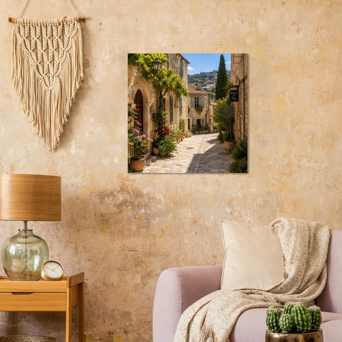 Poster im Rahmen: verwinkelte Gasse mit Natursteinhäusern und vielen Blumen
