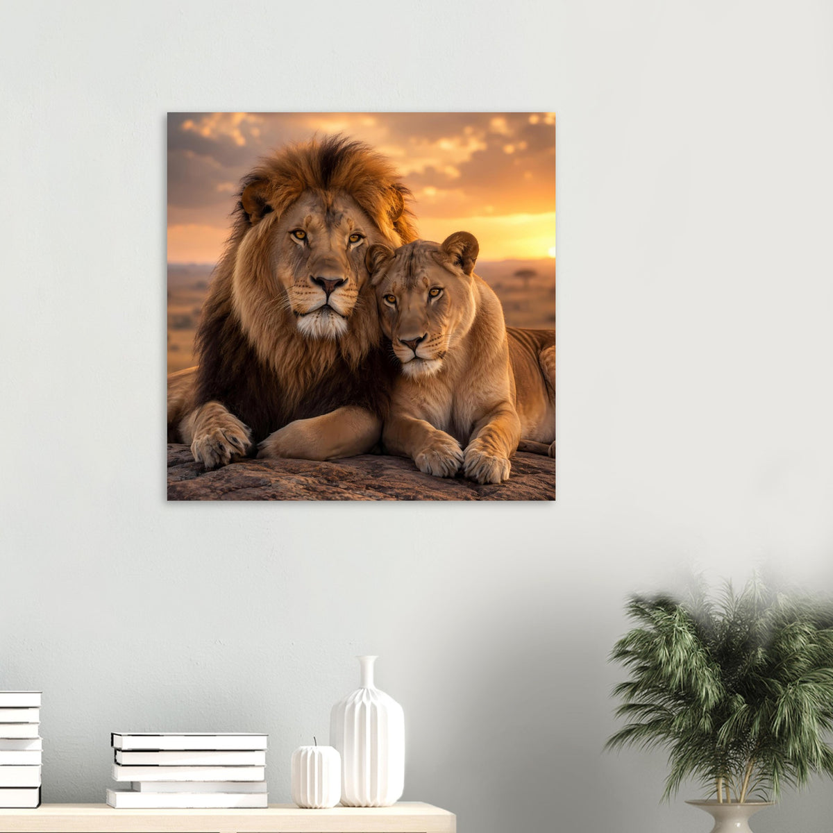 Kleines Löwen-Paar-Sonnenuntergangsposter auf Wand: zwei Löwen, ruhige Abendsonne