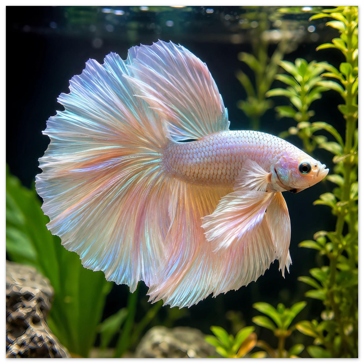Vertikales Poster mit Betta-Fisch: auffällig weit ausgebreitete, schimmernd blau-rosa Flossen