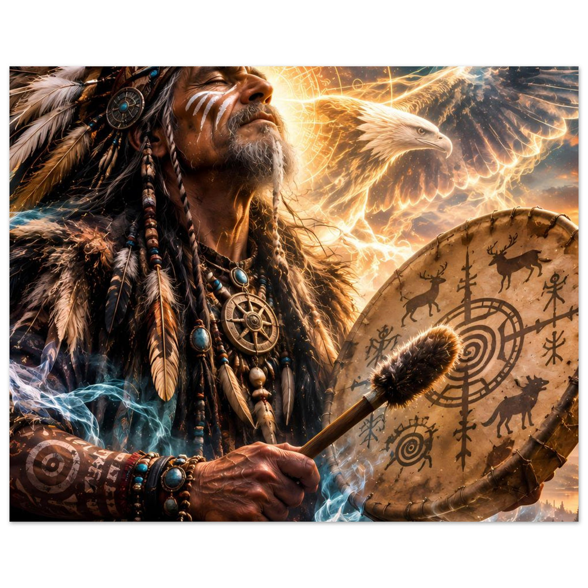 Fantasy-Poster: Schamane und Trommel, goldenes Adlermotiv, Rauchwirbel und Runen