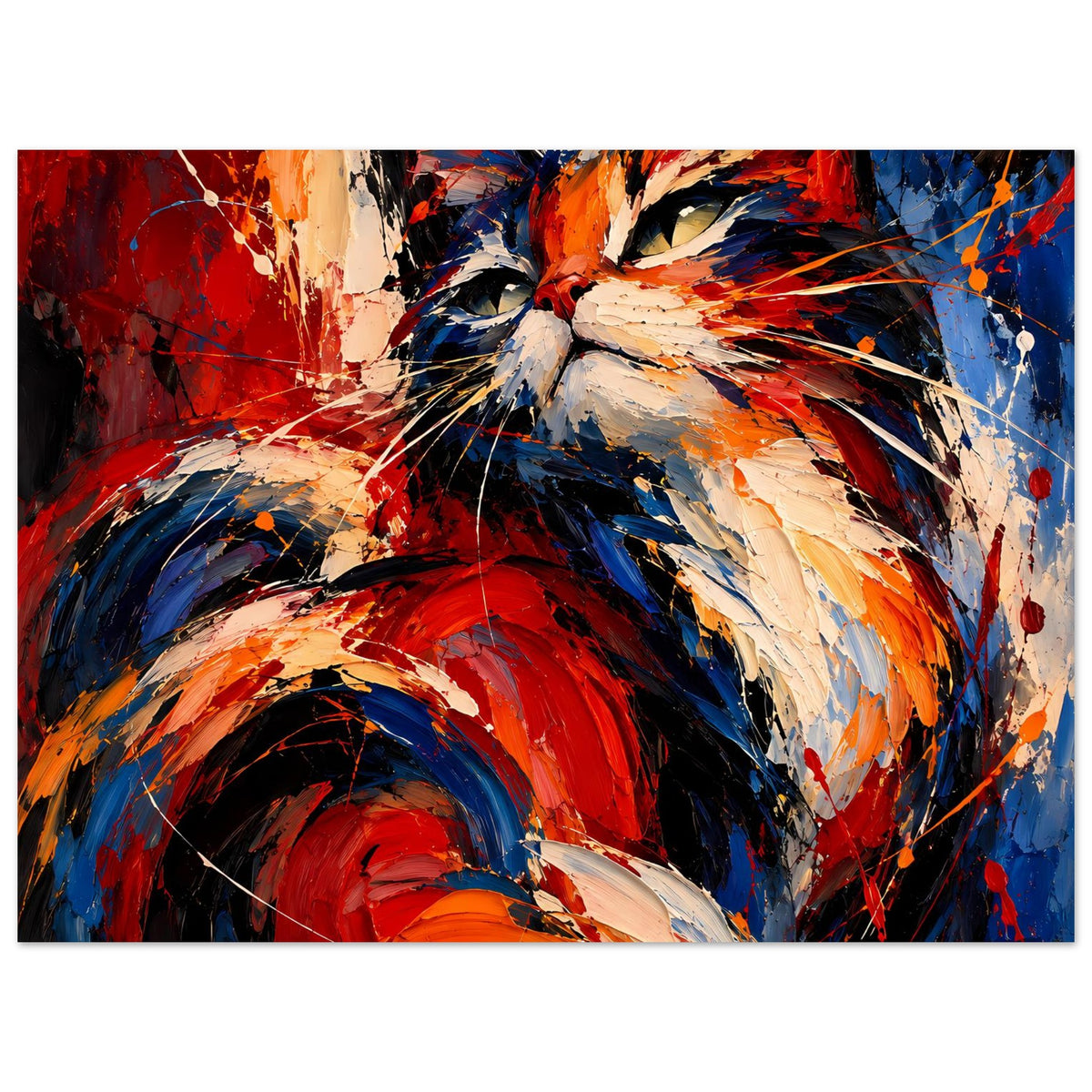 Abstractes Katzenposter mit Pinselstrichen in Rot, Blau und Beige, Panorama-Hochformat