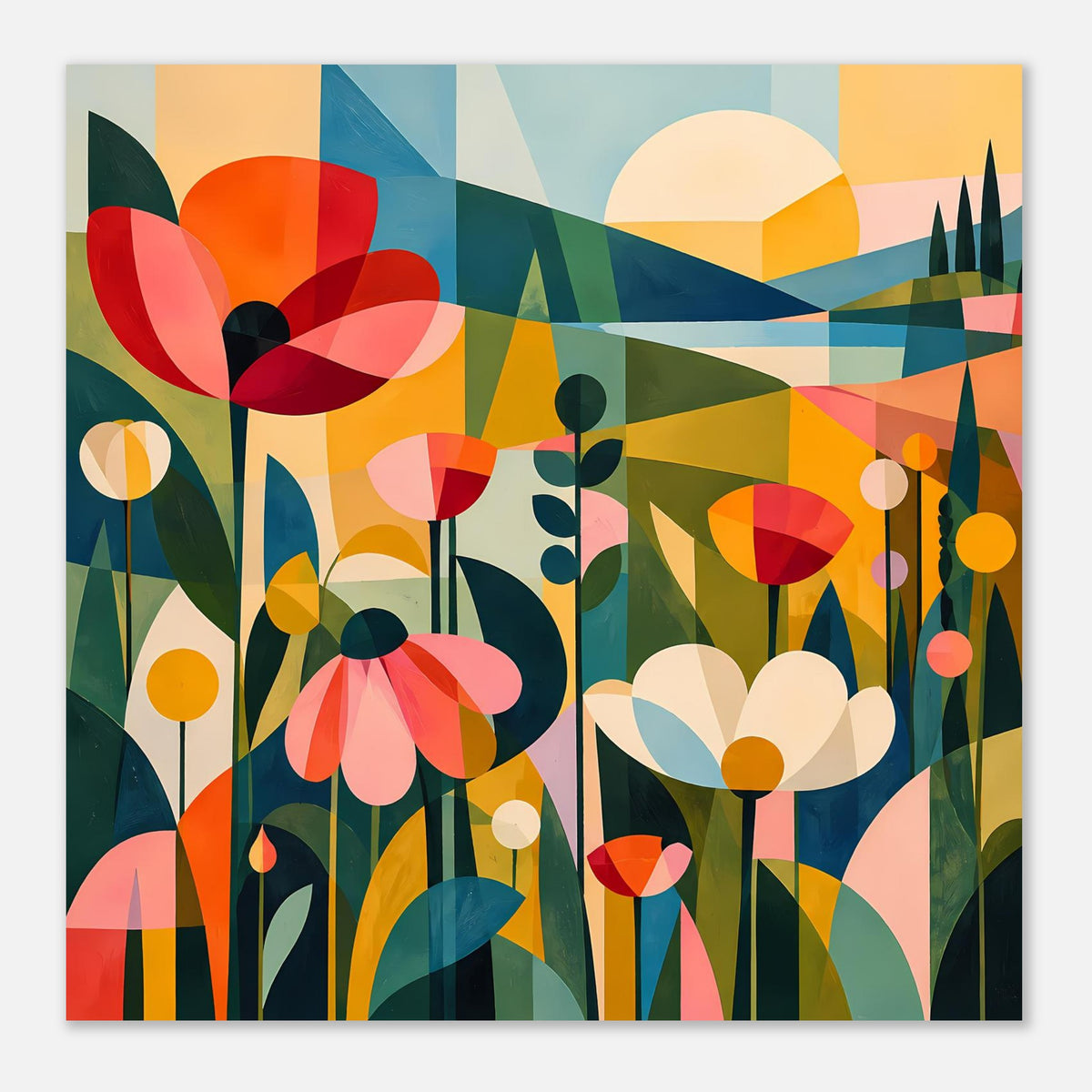 Abstraktes Blumenposter mit Rahmen: große Blüten, Gräser und warme Farbflächen