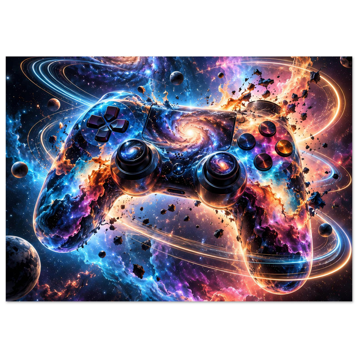 Poster mit Galaxie-Gaming-Controller, Querformat, farbiger Raumkunst-Print im Rahmen
